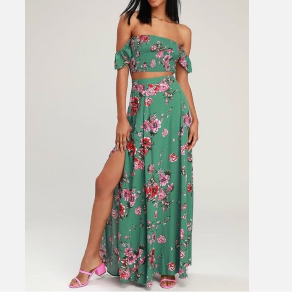 Lulu's Green Floral Off-Shoulder Two-Piece Maxi Dress